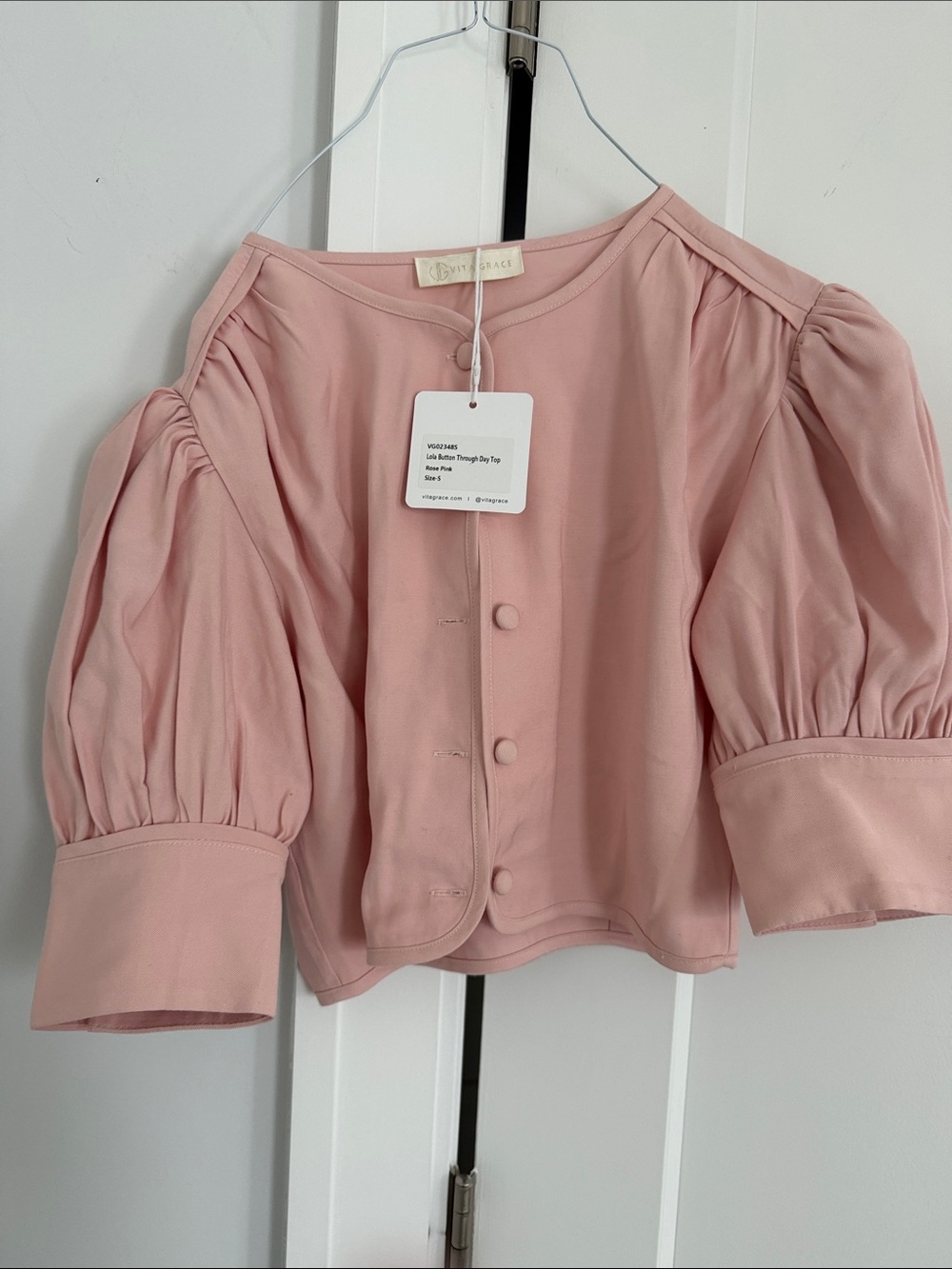 LoveShackFancy Pink Puff-Sleeve Button Front Top